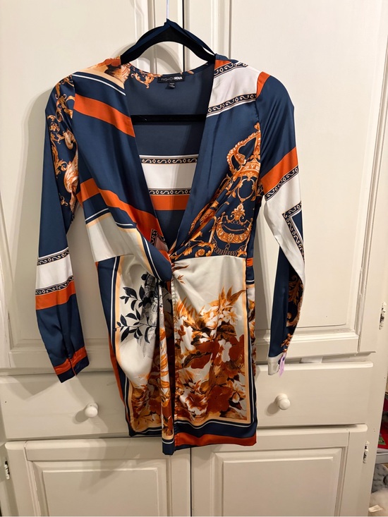 Fashion Nova Dresses & Skirts - Satin Navy, Rust & Cream Twist-Front Printed Dress Small